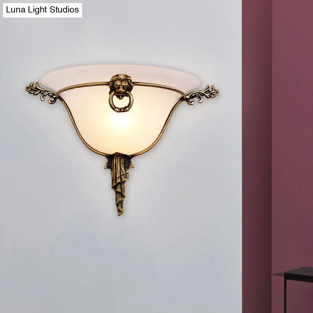 Traditional Brass Frosted Glass Wall Sconce - 1-Head Domed Light For Corridor