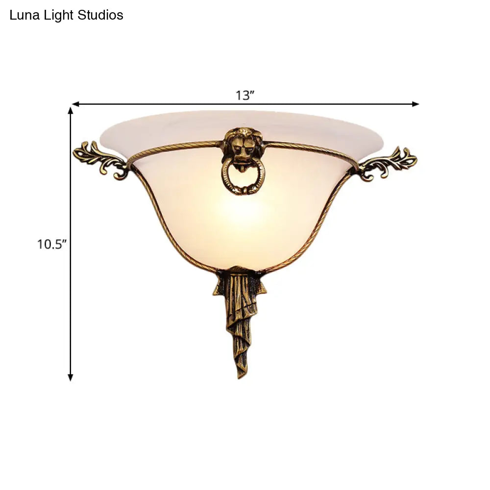 Traditional Brass Frosted Glass Wall Sconce - 1-Head Domed Light For Corridor