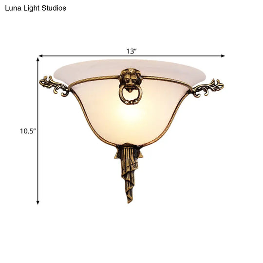 Traditional Brass Frosted Glass Wall Sconce - 1-Head Domed Light For Corridor