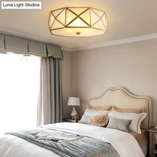 Traditional Brass Glass Drum Ceiling Mount Light Fixture - Bedroom Flushmount Lamp