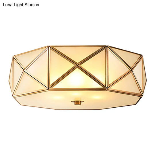 Traditional Brass Glass Drum Ceiling Mount Light Fixture - Bedroom Flushmount Lamp