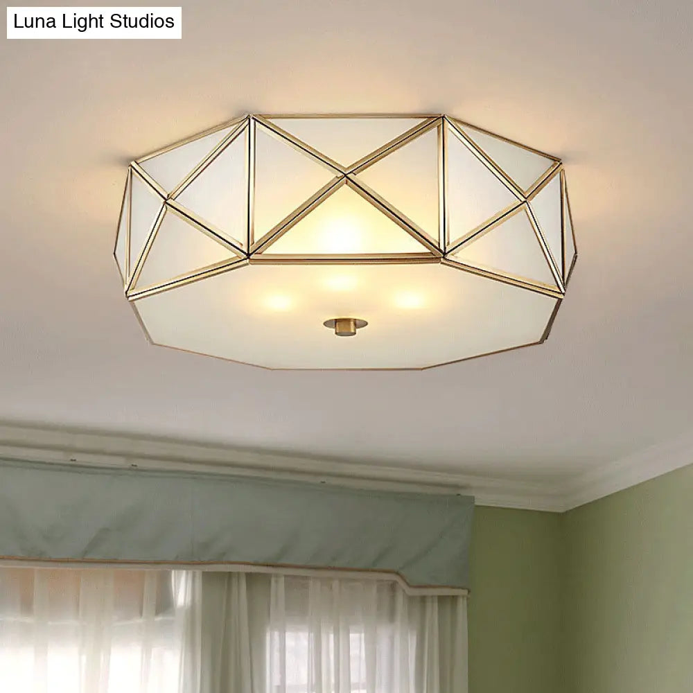 Traditional Brass Glass Drum Ceiling Mount Light Fixture - Bedroom Flushmount Lamp