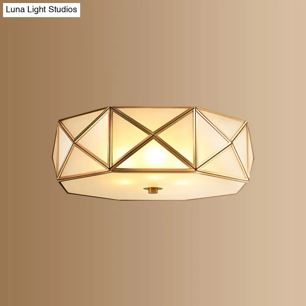 Traditional Brass Glass Drum Ceiling Mount Light Fixture - Bedroom Flushmount Lamp