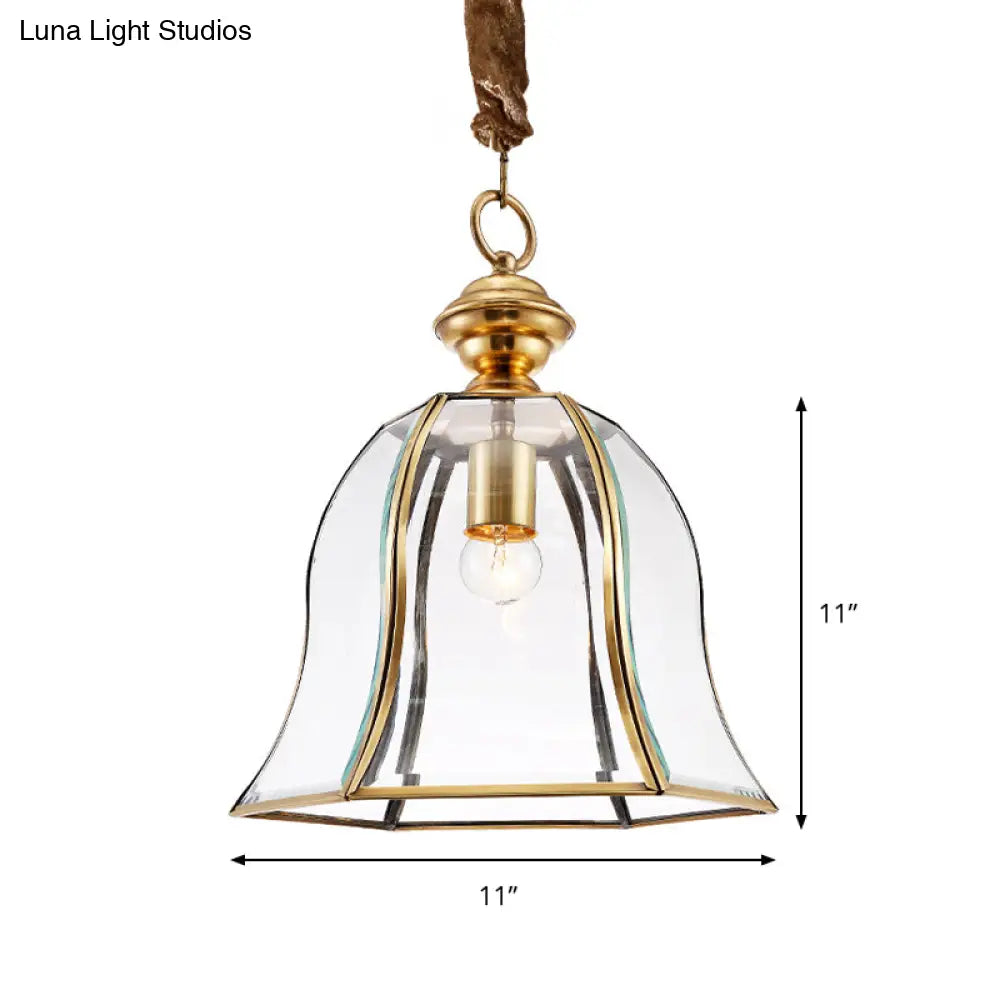 Traditional Brass Glass Pendant Lamp For Dining Room - Bell Hanging Ceiling Lighting