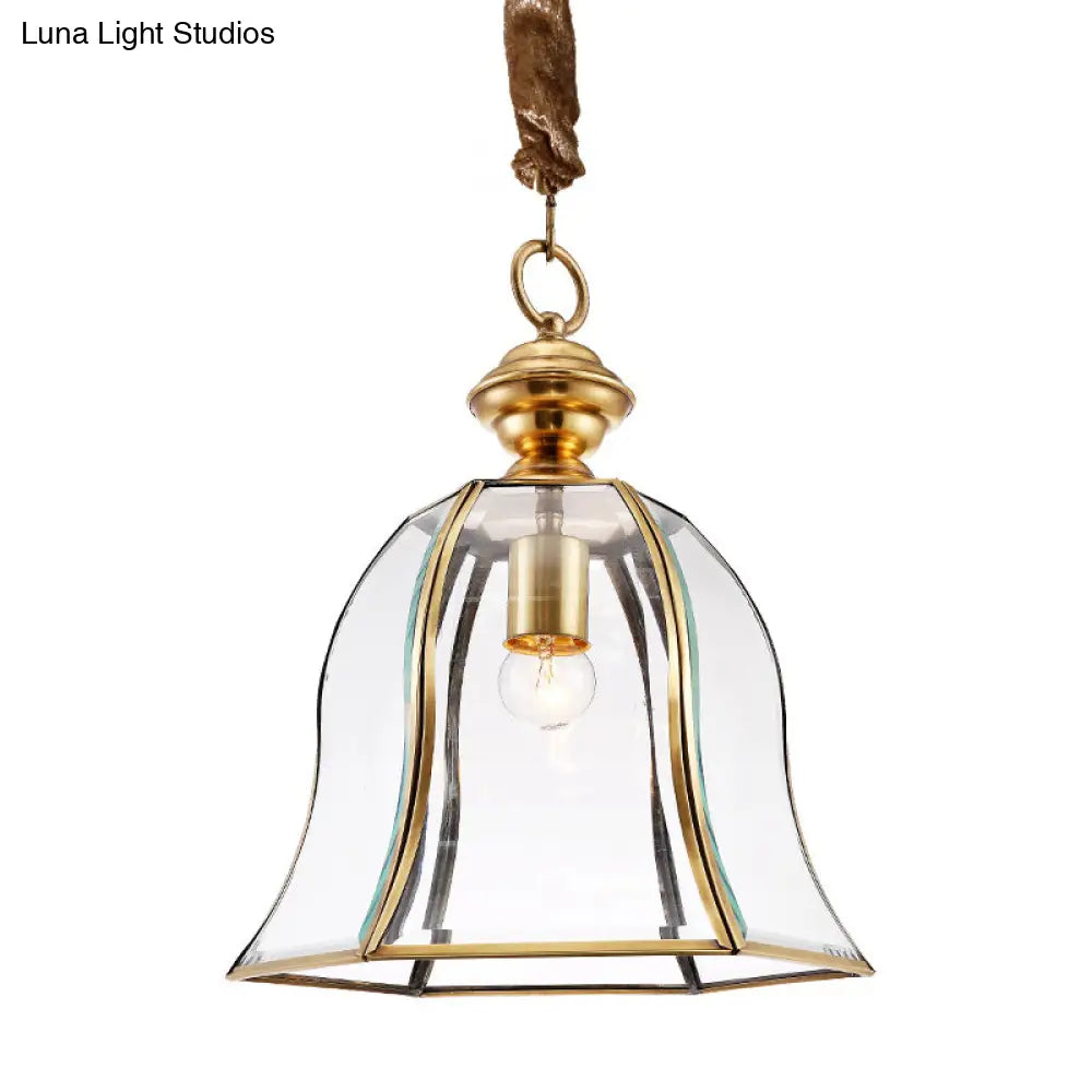 Traditional Brass Glass Pendant Lamp For Dining Room - Bell Hanging Ceiling Lighting