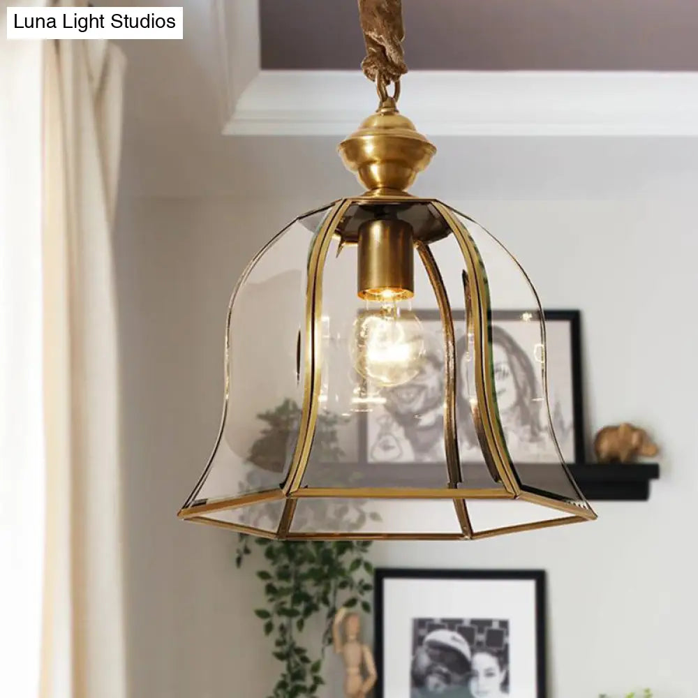 Traditional Brass Glass Pendant Lamp For Dining Room - Bell Hanging Ceiling Lighting