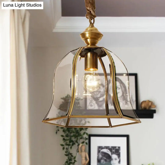 Traditional Brass Glass Pendant Lamp For Dining Room - Bell Hanging Ceiling Lighting