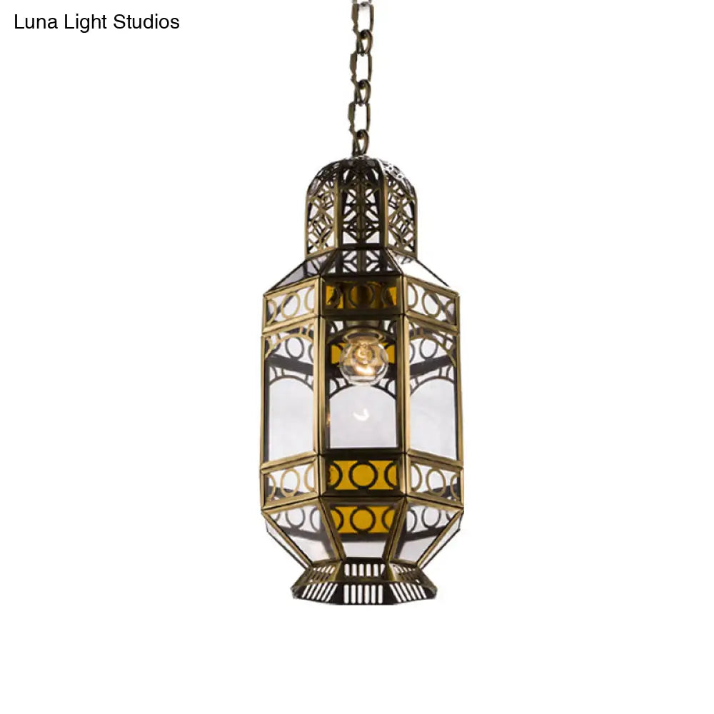 Traditional Brass Hanging Lantern Pendant With Chain - Metallic 1-Head Suspension Lamp