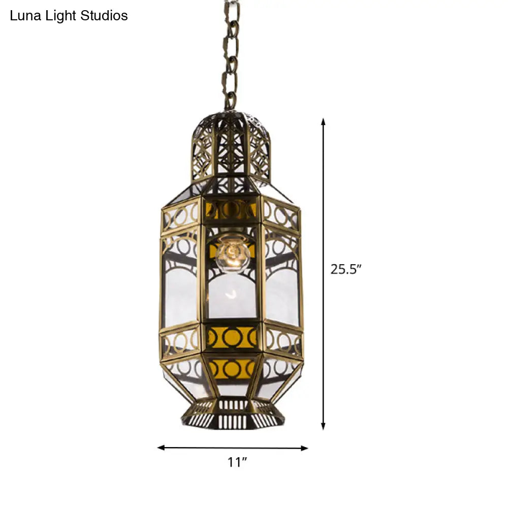 Traditional Brass Hanging Lantern Pendant With Chain - Metallic 1-Head Suspension Lamp