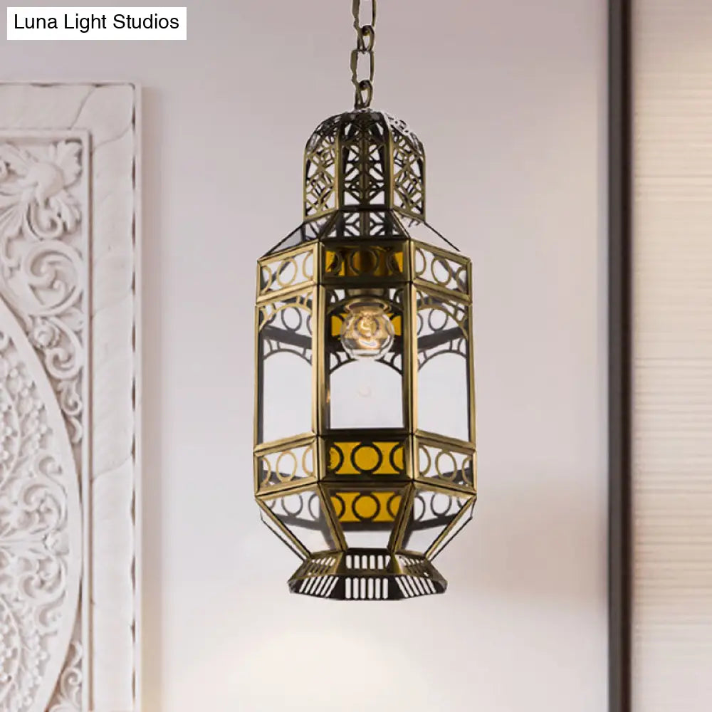 Traditional Brass Hanging Lantern Pendant With Chain - Metallic 1-Head Suspension Lamp