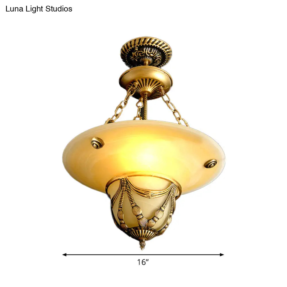 Traditional Brass Inverted Hat Shaped Chandelier - 3-Light White Glass Living Room Drop Lamp