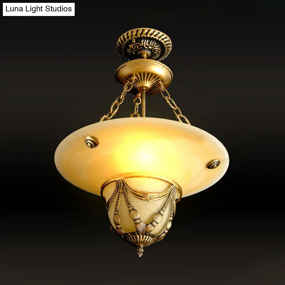 Traditional Brass Inverted Hat Shaped Chandelier - 3-Light White Glass Living Room Drop Lamp