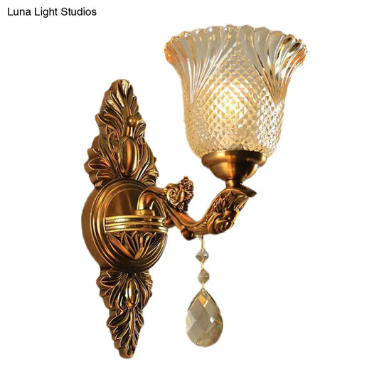 Traditional Brass Lattice Glass Bell Wall Light Sconce For Living Room Lighting