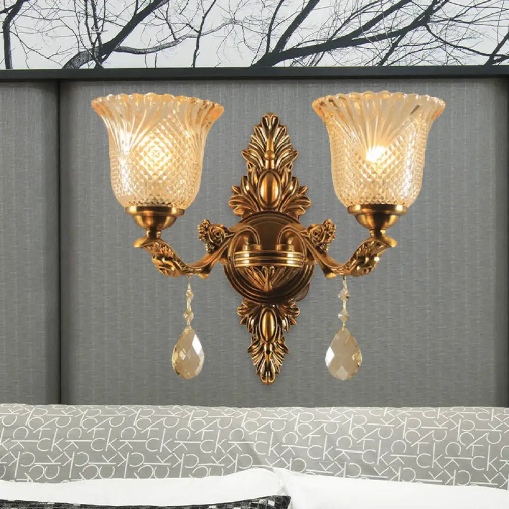 Traditional Brass Lattice Glass Bell Wall Light Sconce For Living Room Lighting 2 /