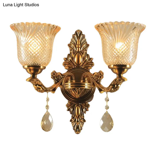 Traditional Brass Lattice Glass Bell Wall Light Sconce For Living Room Lighting