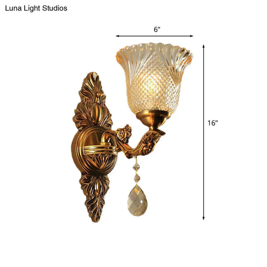 Traditional Brass Lattice Glass Bell Wall Light Sconce For Living Room Lighting