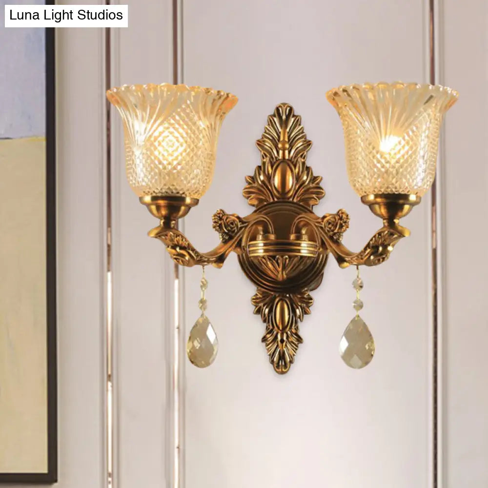 Traditional Brass Lattice Glass Bell Wall Light Sconce For Living Room Lighting