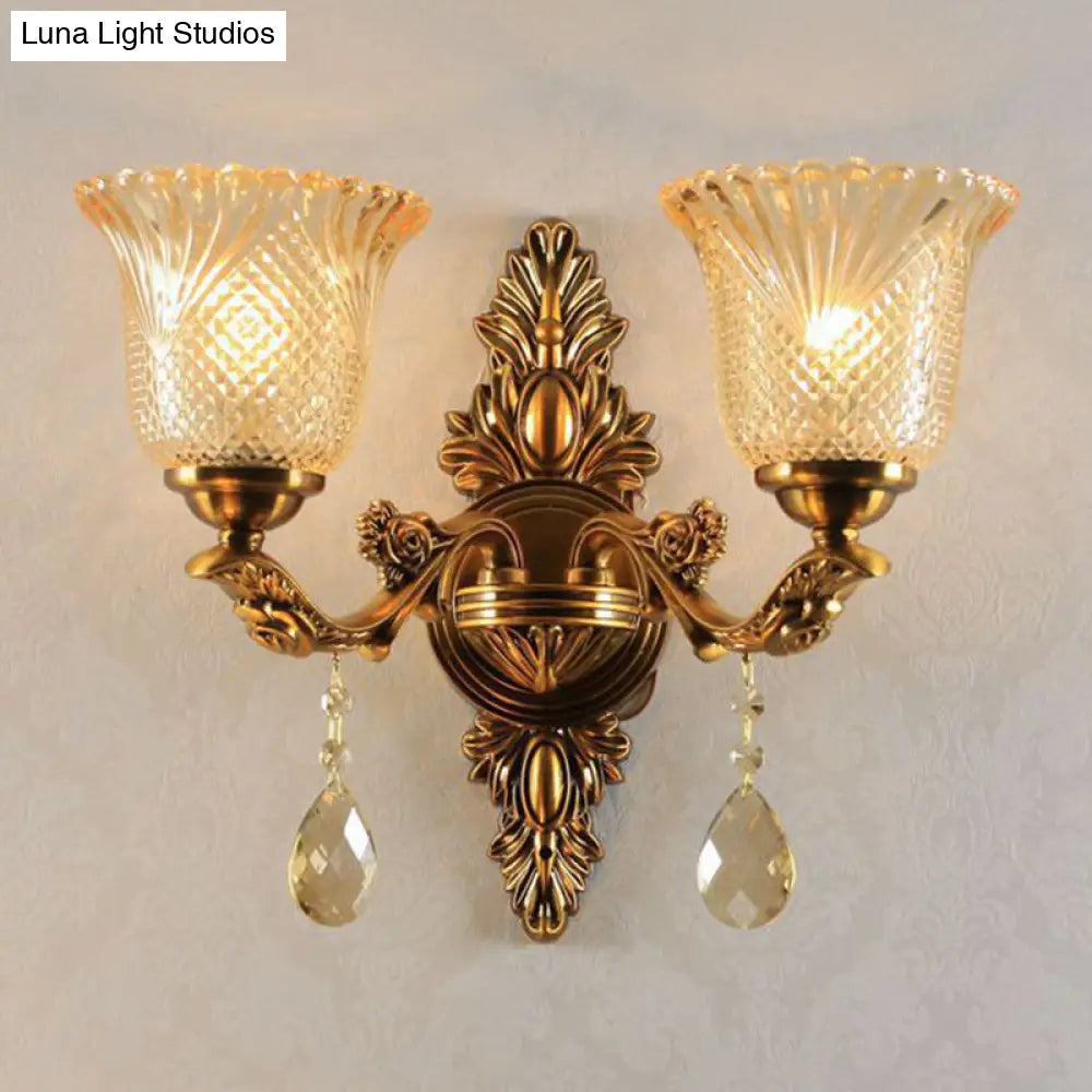 Traditional Brass Lattice Glass Bell Wall Light Sconce For Living Room Lighting