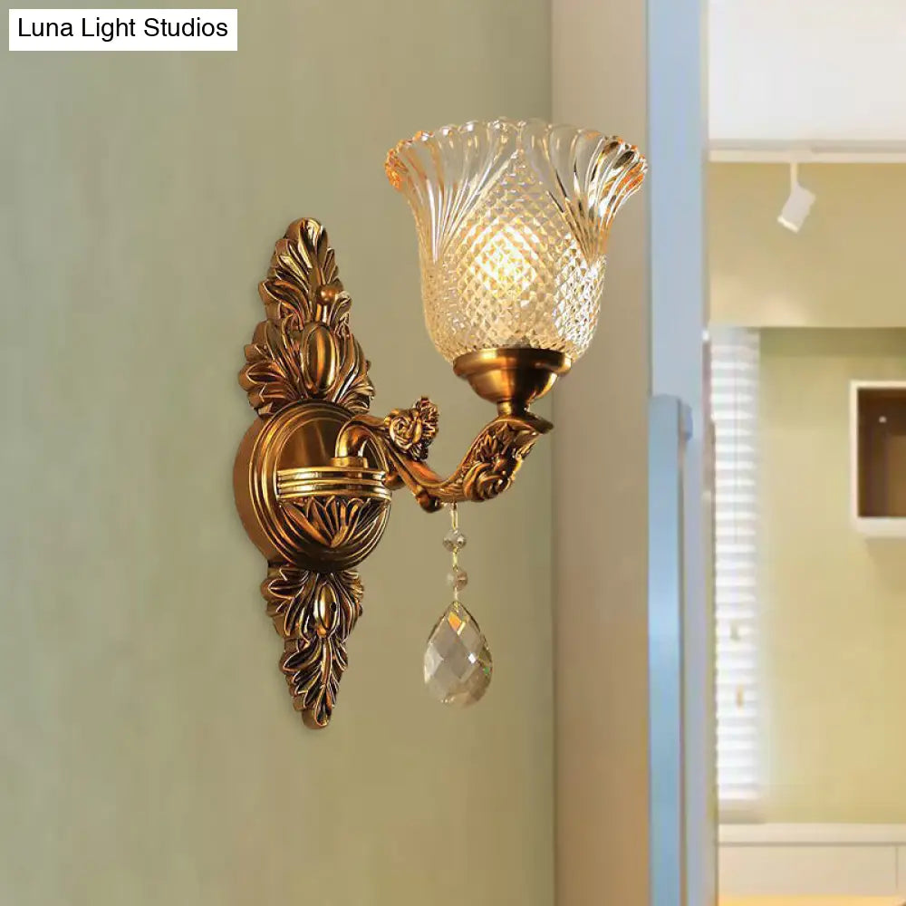 Traditional Brass Lattice Glass Bell Wall Light Sconce For Living Room Lighting