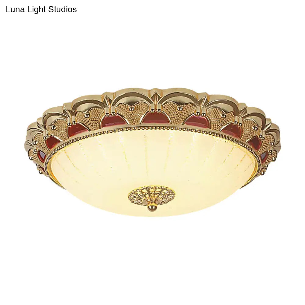 Traditional Brass Led Ceiling Lamp With Scalloped Bowl Design Frosted White Glass Flush Mount