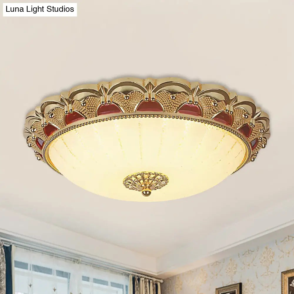 Traditional Brass Led Ceiling Lamp With Scalloped Bowl Design Frosted White Glass Flush Mount