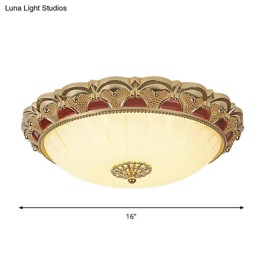 Traditional Brass Led Ceiling Lamp With Scalloped Bowl Design Frosted White Glass Flush Mount