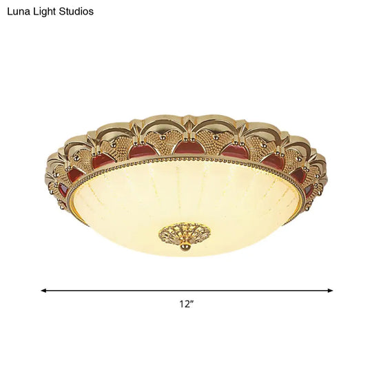 Traditional Brass Led Ceiling Lamp With Scalloped Bowl Design Frosted White Glass Flush Mount