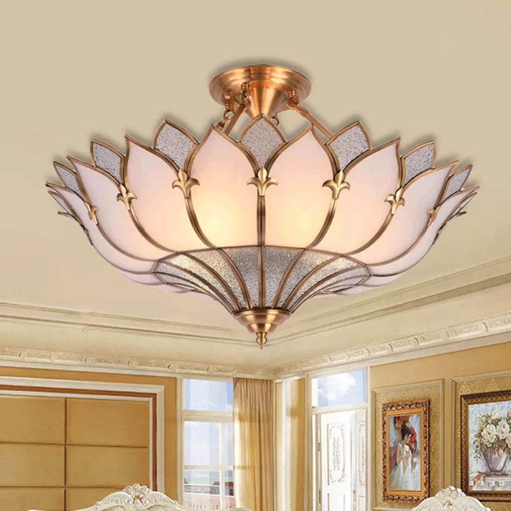 Traditional Brass Lotus Chandelier With Multi - Head Semi Flush Mount Ceiling Fixture For Living