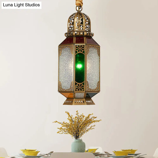 Traditional Brass Metal Hanging Ceiling Light With 1 Head Lantern Pendant For Dining Room