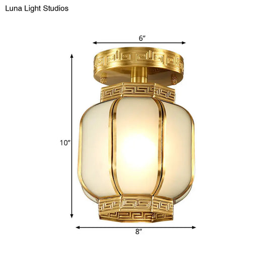 Traditional Brass Metal Semi Flush Lantern Ceiling Light With Opal Glass Shade