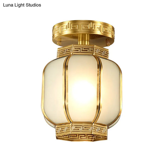 Traditional Brass Metal Semi Flush Lantern Ceiling Light With Opal Glass Shade