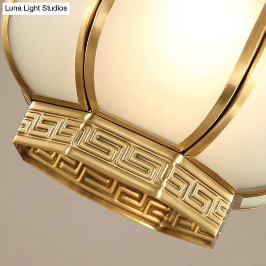 Traditional Brass Metal Semi Flush Lantern Ceiling Light With Opal Glass Shade