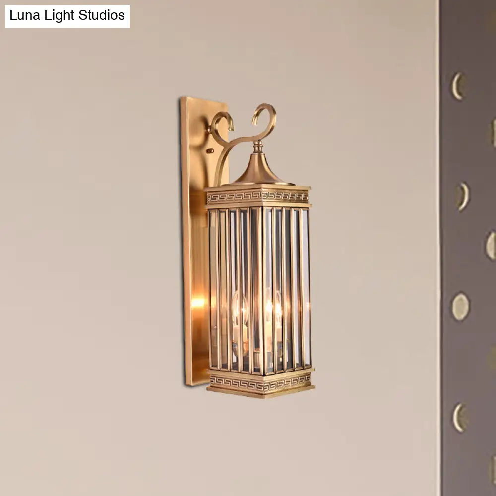 Traditional Brass Metal Wall Sconce Light Fixture For Foyer - 1/3 Head Rectangle Design 18/24.5H