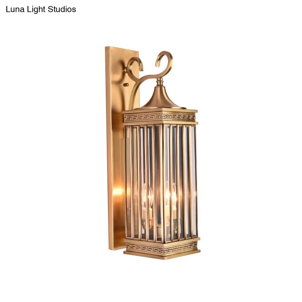 Traditional Brass Metal Wall Sconce Light Fixture For Foyer - 1/3 Head Rectangle Design 18/24.5H