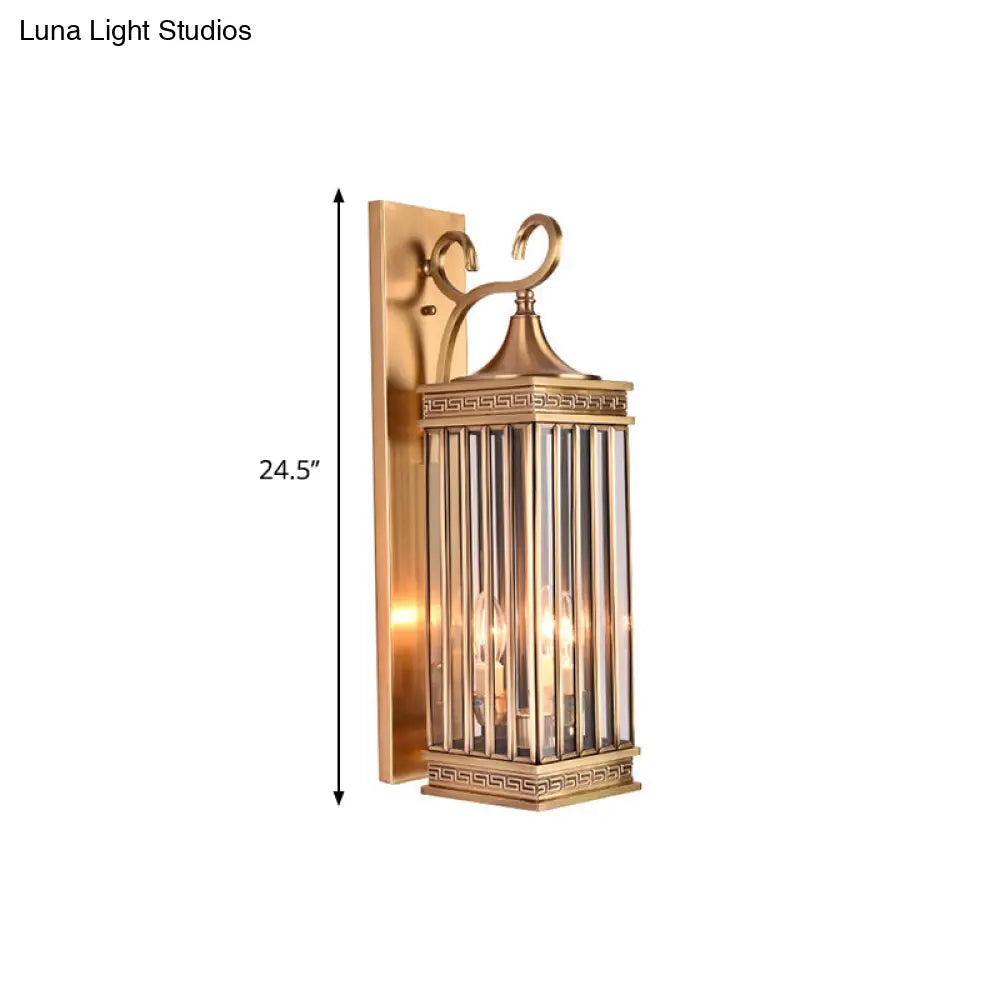 Traditional Brass Metal Wall Sconce Light Fixture For Foyer - 1/3 Head Rectangle Design 18/24.5H