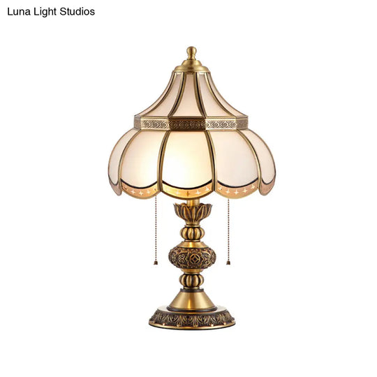 Traditional Brass Night Stand Lamp With Scalloped White Glass Shade - Bedroom Table Light 2-Bulbs