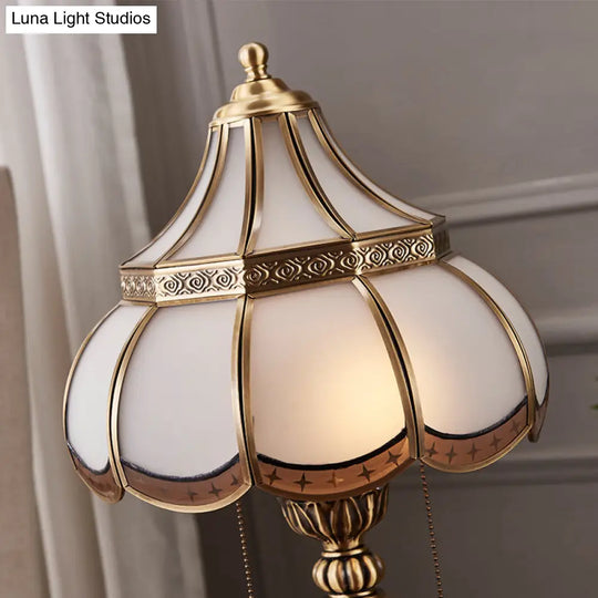 Traditional Brass Night Stand Lamp With Scalloped White Glass Shade - Bedroom Table Light 2-Bulbs