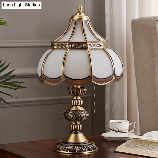 Traditional Brass Night Stand Lamp With Scalloped White Glass Shade - Bedroom Table Light 2-Bulbs