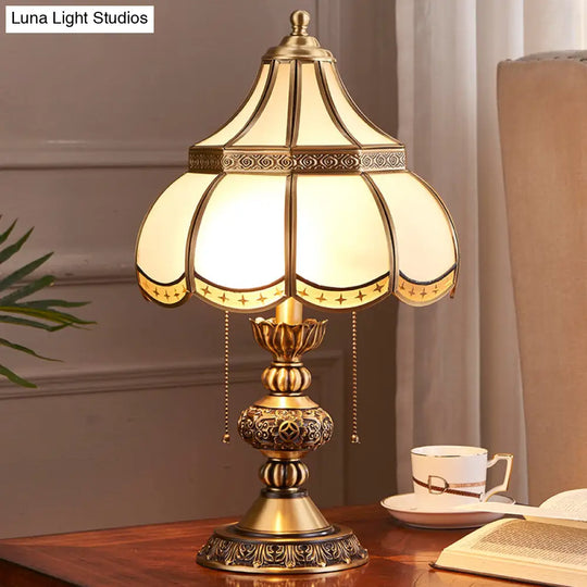 Traditional Brass Night Stand Lamp With Scalloped White Glass Shade - Bedroom Table Light 2-Bulbs