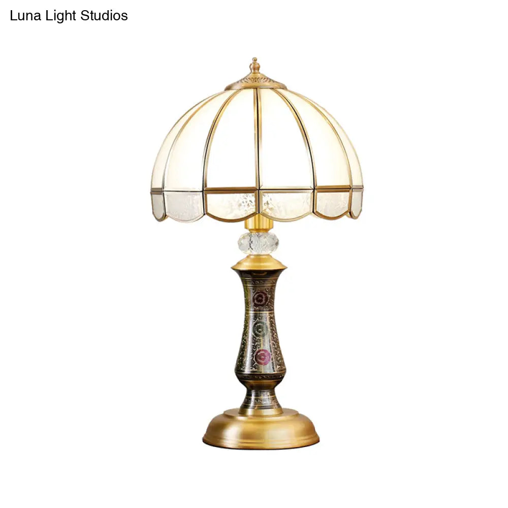 Traditional Brass Nightstand Lamp With Opal Glass & Scalloped Trim - Single Dome Design