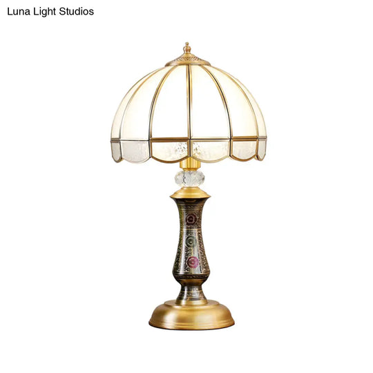 Traditional Brass Nightstand Lamp With Opal Glass & Scalloped Trim - Single Dome Design