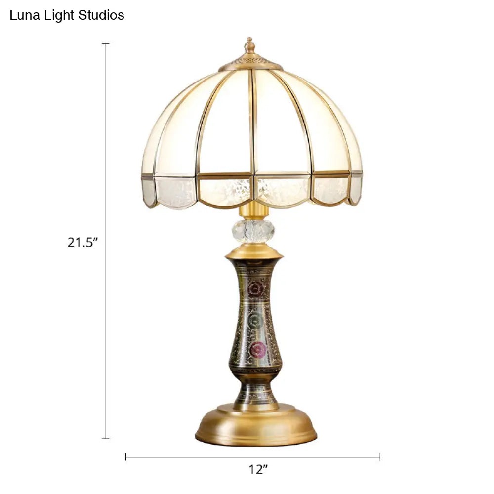 Traditional Brass Nightstand Lamp With Opal Glass & Scalloped Trim - Single Dome Design