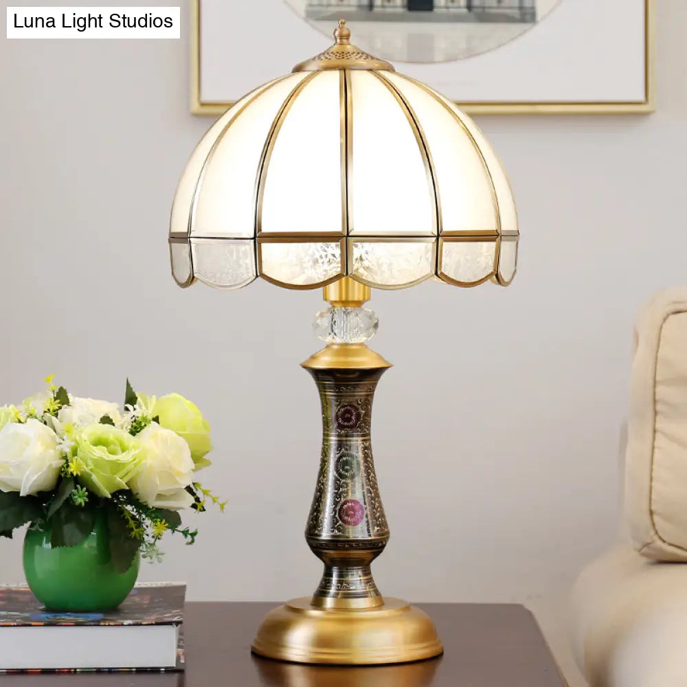 Traditional Brass Nightstand Lamp With Opal Glass & Scalloped Trim - Single Dome Design