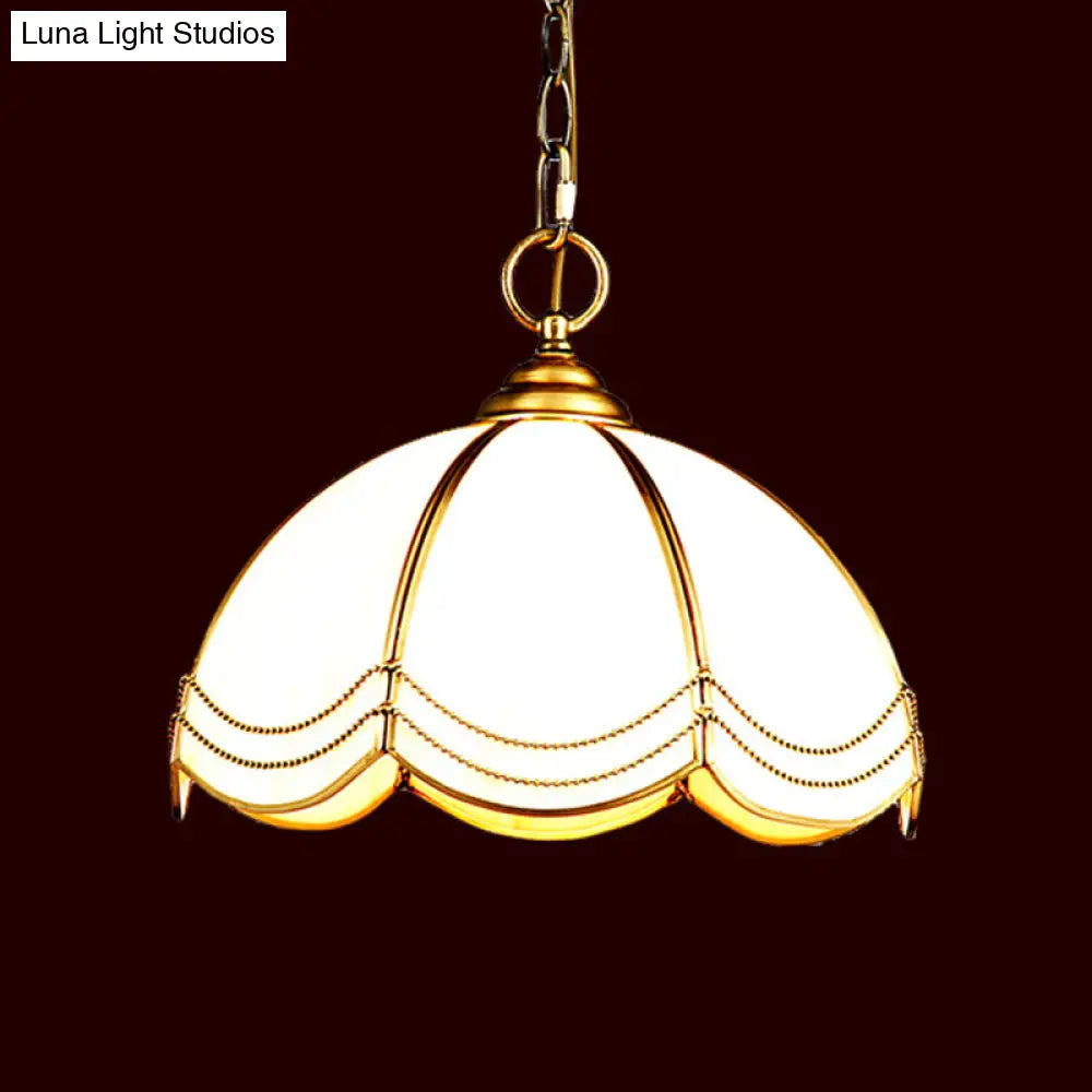 Traditional Brass Scalloped White Glass Pendant Lamp - Bedroom Ceiling Light