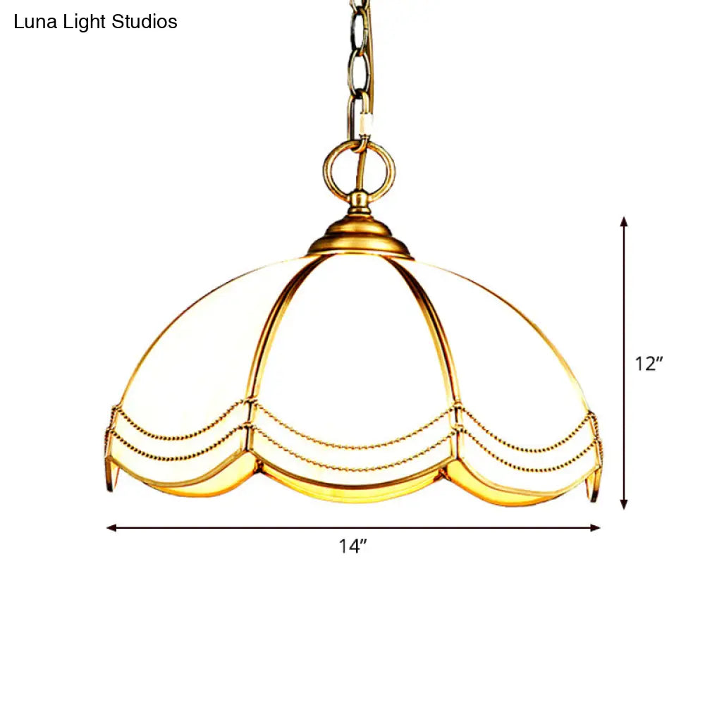 Traditional Brass Scalloped White Glass Pendant Lamp - Bedroom Ceiling Light