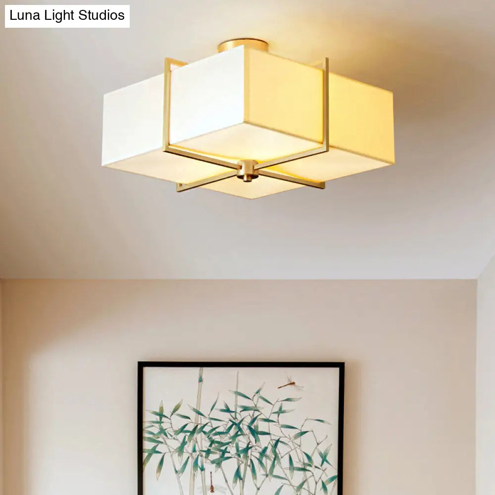 Traditional Brass Semi Flush Ceiling Light Fixture For Living Room With Rectangle Fabric Shade - 4