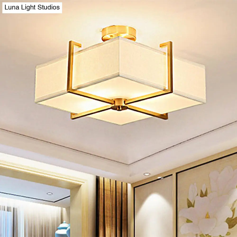 Traditional Brass Semi Flush Ceiling Light Fixture For Living Room With Rectangle Fabric Shade - 4