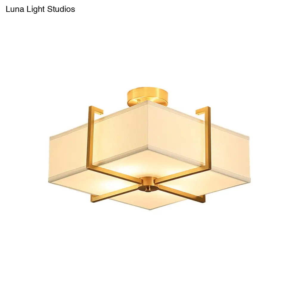 Traditional Brass Semi Flush Ceiling Light Fixture For Living Room With Rectangle Fabric Shade - 4