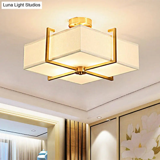 Traditional Brass Semi Flush Ceiling Light Fixture For Living Room With Rectangle Fabric Shade - 4