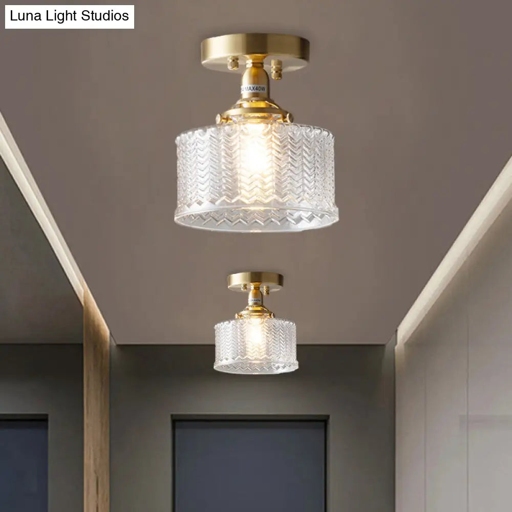 Traditional Brass Semi Flush Drum Corridor Ceiling Fixture With Clear Prismatic Glass & Single Bulb